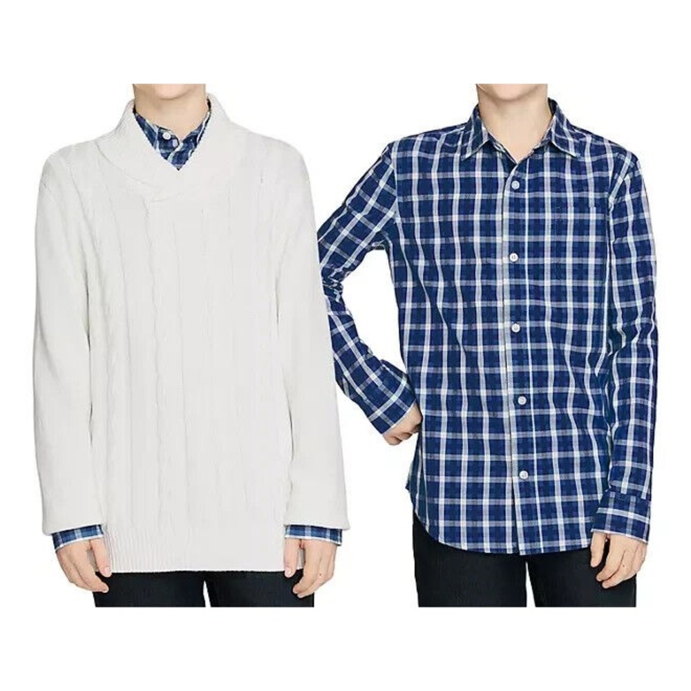 Gap Kids Boys Sweater Shirt Set Size L 10-12 Off White Blue Plaid 2-Pack